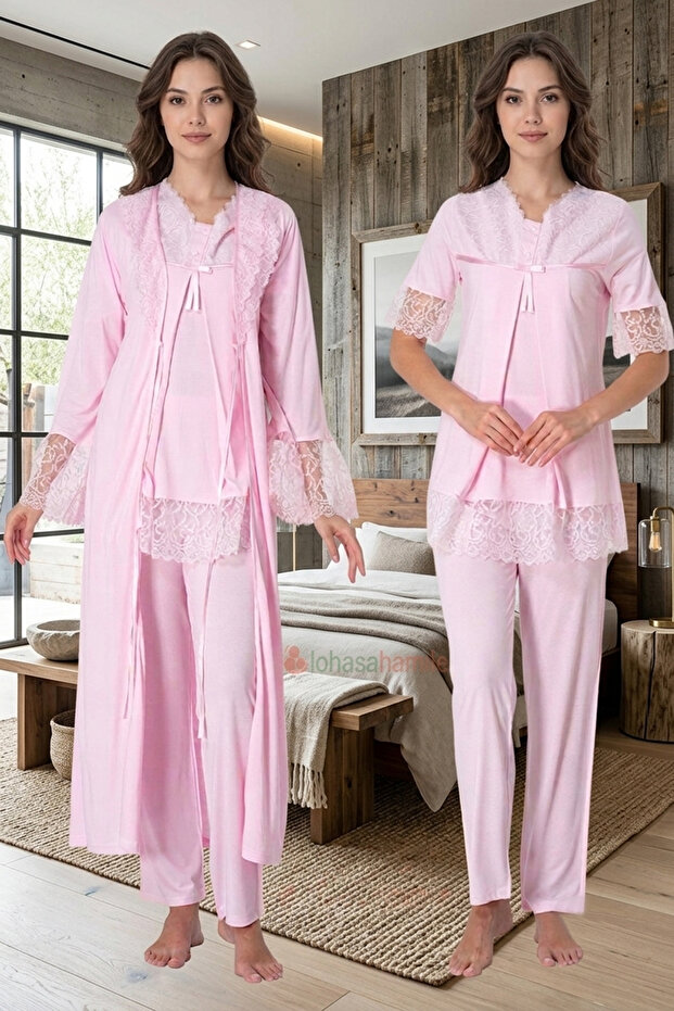 100% Cotton Maternity Pajama Set with Easy Breastfeeding Feature and Dressing Gown