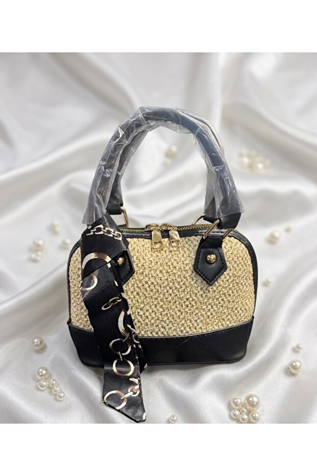 Scarf Detailed Straw & Leather Combination Women's Shoulder Bag