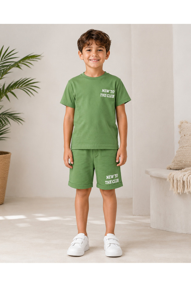 Boy's Khaki Green New to the Club Printed Shorts Set