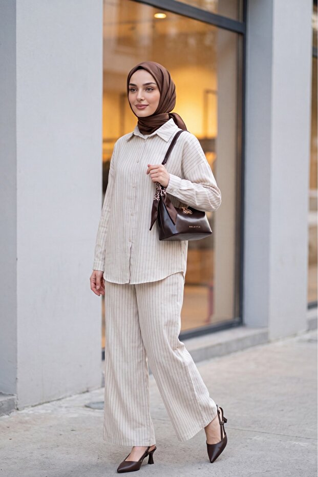 Line Patterned Buttoned Trousers Linen Suit - Stone Color