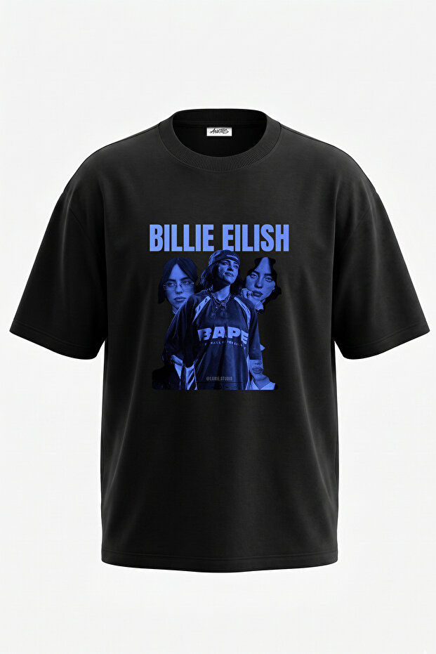 تي شيرت أسود كبير الحجم مطبوع بتصميم Billie Eilish_98 للجنسين