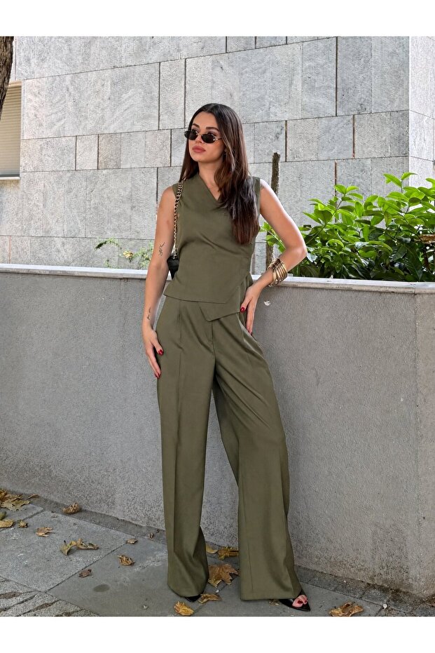 Haki Donna Double-Breasted Vest and Trousers Set - 8496