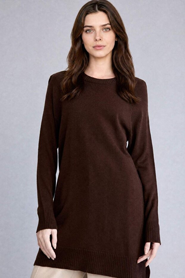 Regular Fit Crew Neck Brown Knitwear Tunic C4474Ax26Au