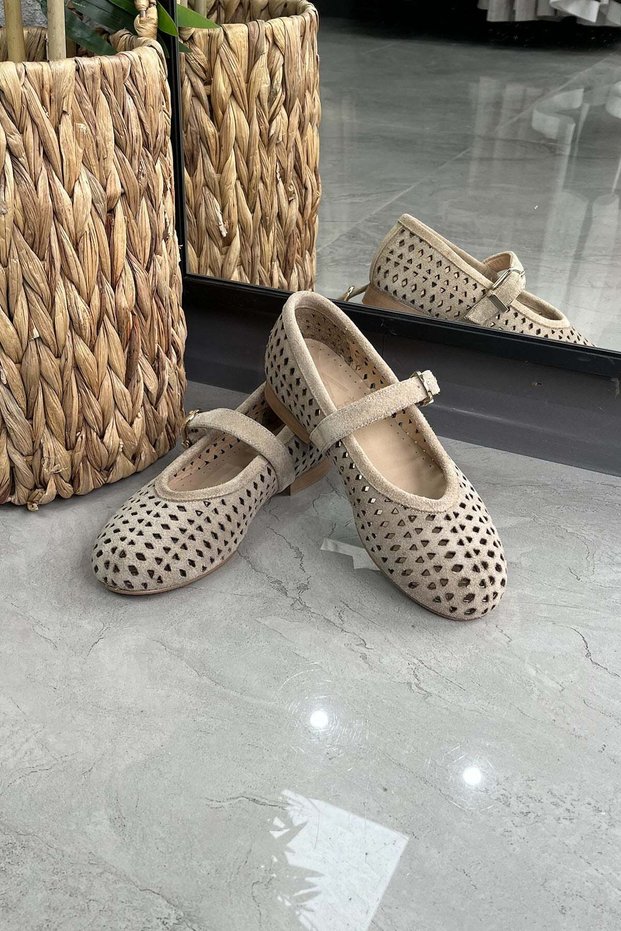 Laser Cut Genuine Leather Women's Ballerinas Beige