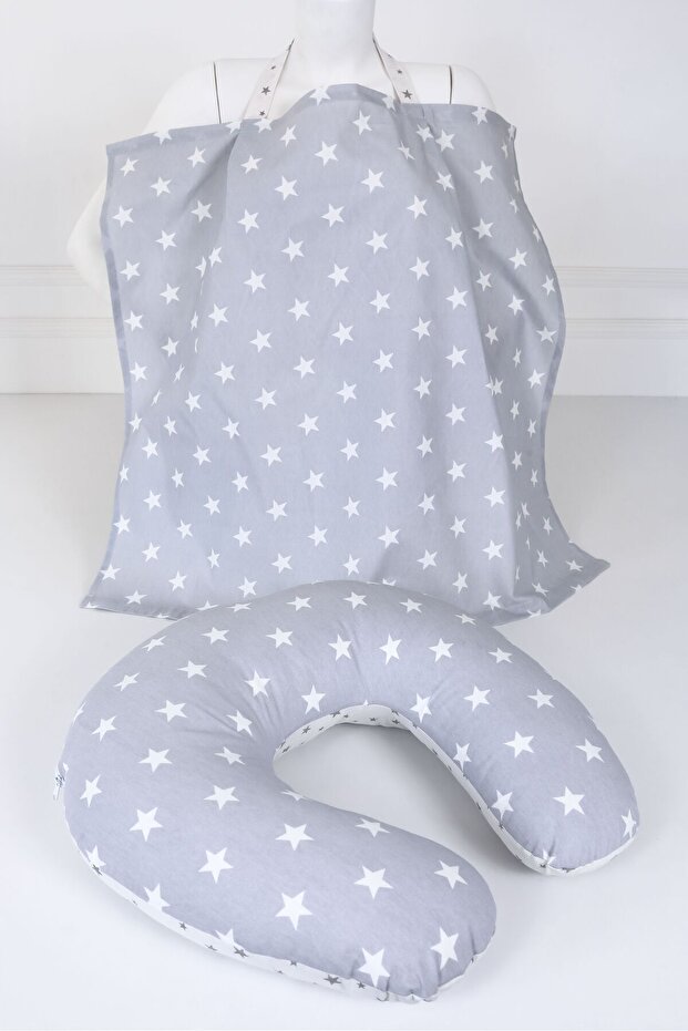 Comfortable Breastfeeding Pillow and Bib Set, Cotton, Light Gray Star