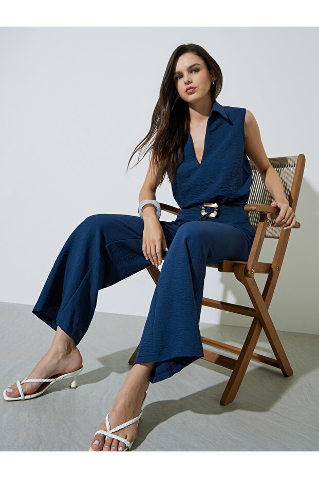 Navy Blue Open Collar Top and Pants Co-Ords Set
