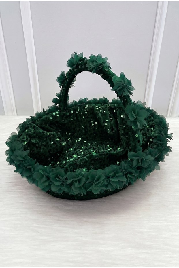 Emerald Green Bridal Henna Night Basket, Sparkling Sequin Velvet and Three-Dimensional Laser Flowers, Wedding Marriage Promise Engagement Circumcision