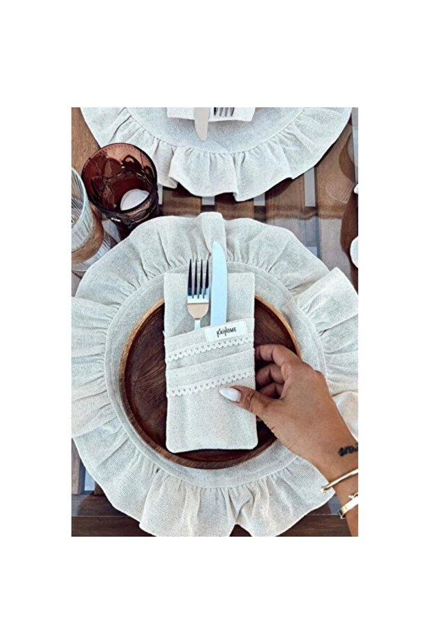 6-Piece Raw Linen Lace Detailed 2-Compartment Spoon and Napkin Holder Set