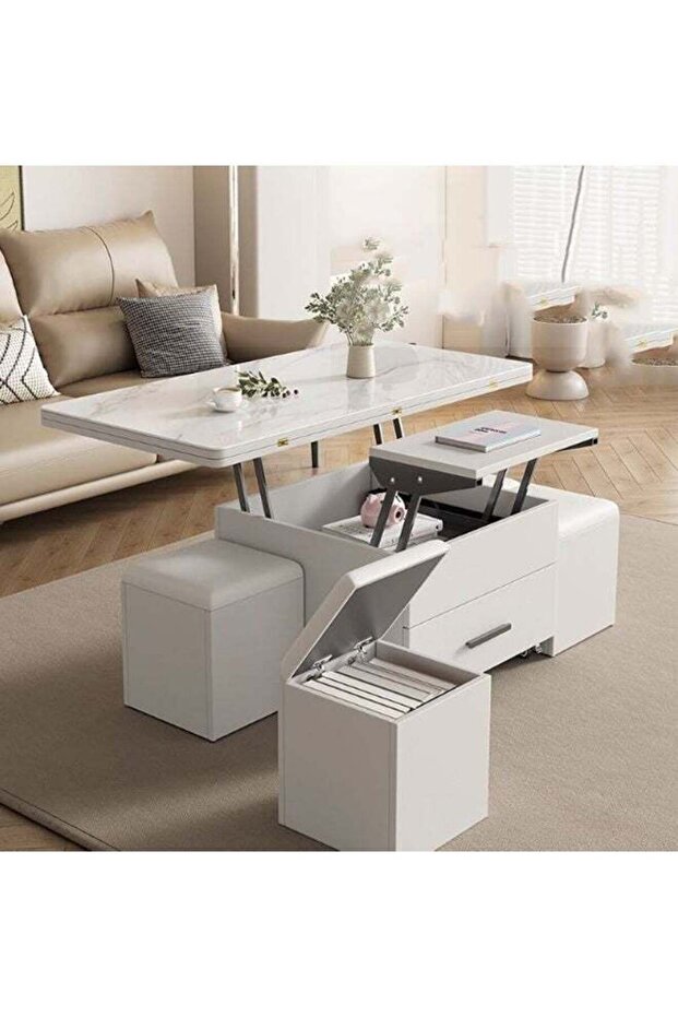 Lift-Top Coffee Table with 4 Stools, Modern Space Saving Center Table, Multi-Functional Adjustable Coffee Table with Hidden Storage Compartment