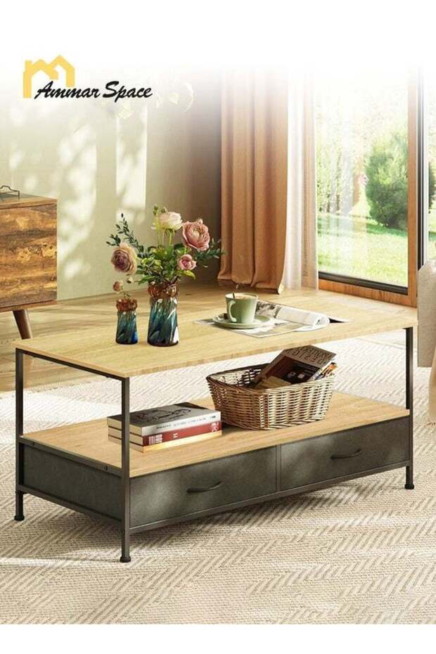 Coffee Table with Storage and Drawers 2-Tier Wood Center Table for Living Room Apartment Bedroom