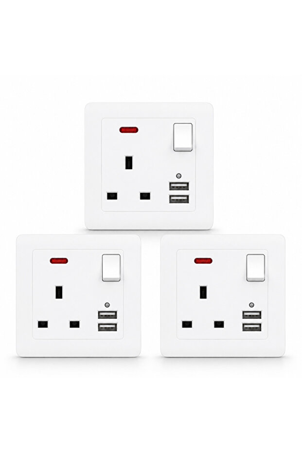 مفتاح ومقبس كهربائي جداري ثلاثي (UK) ذكي بـ 3 فتحات مع منفذين شحن سريع USB وسويتش مدمج، مقاوم للحريق موديل مودرن فاخر لغرف النوم والمطابخ 3 قطعة ابيض