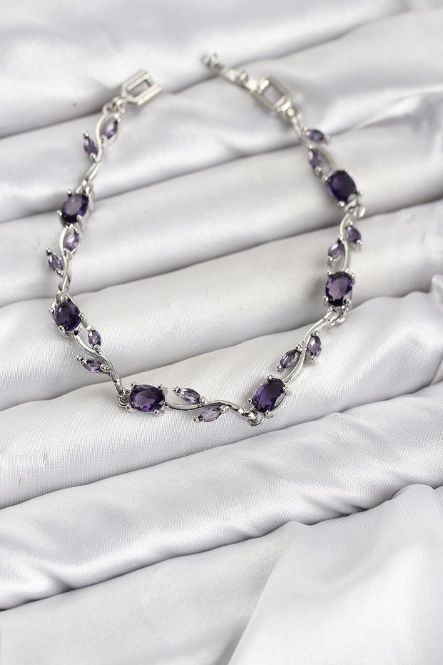 Brass Silver Color Purple Zircon Stone Flower Model Women's Bracelet