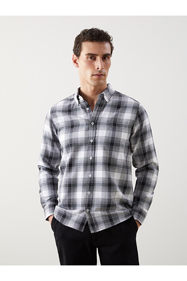 Nevavm Regular Fit Long Sleeve Plaid Gabardine Men's Shirt with Difference