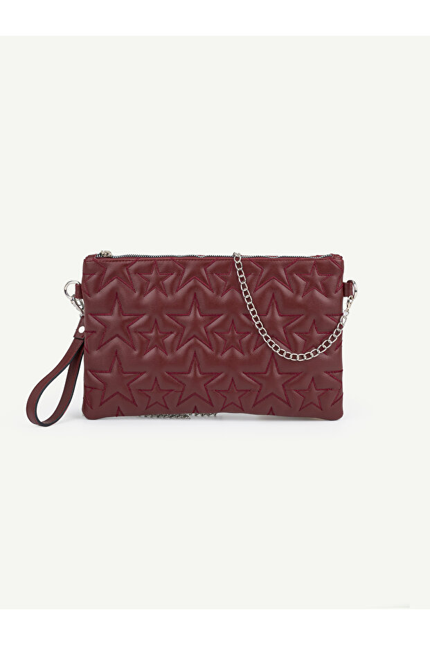 Women's Starry Burgundy Chain Strap Portfolio & Clutch Bag