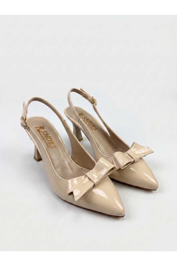 Cream Patent Leather Bowknot Women's Goblet Heeled Shoes Nk3194