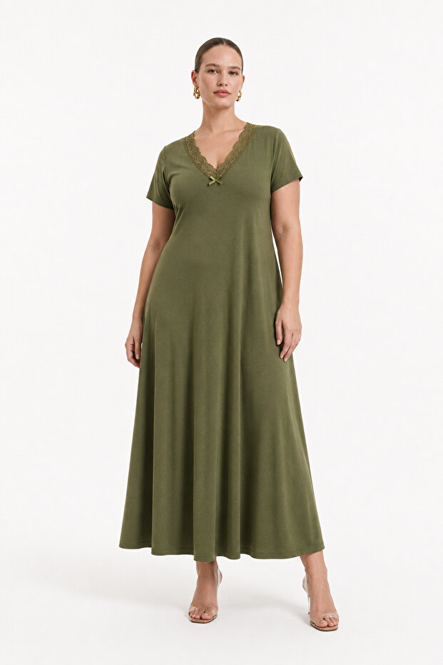 Bamboo Viscose Fabric V Lace Collar Detailed Flared Dress