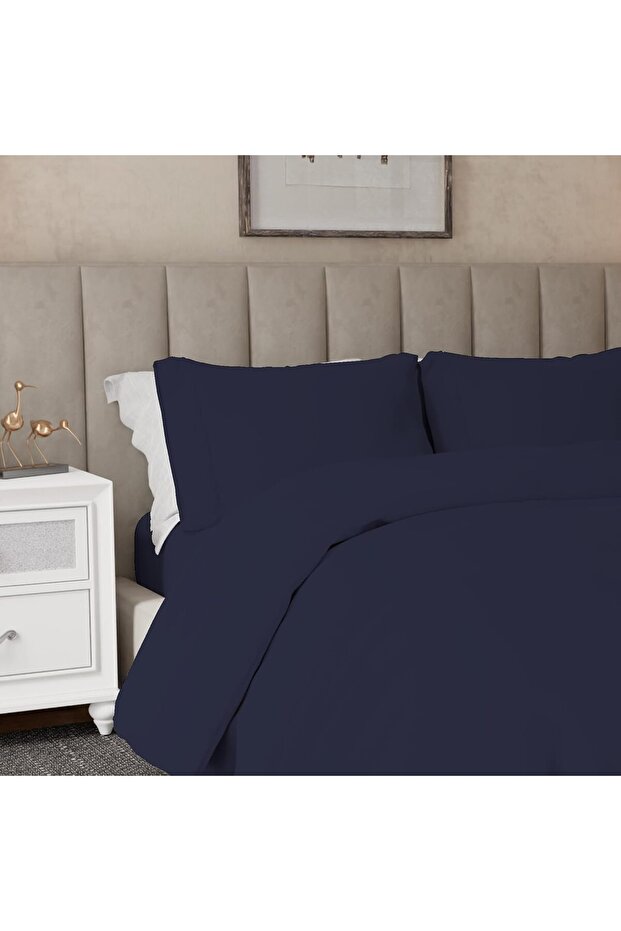 100% Cotton Double Duvet Cover Set 200x200 cm, Navy, Percale Quilt Cover with Button Closure