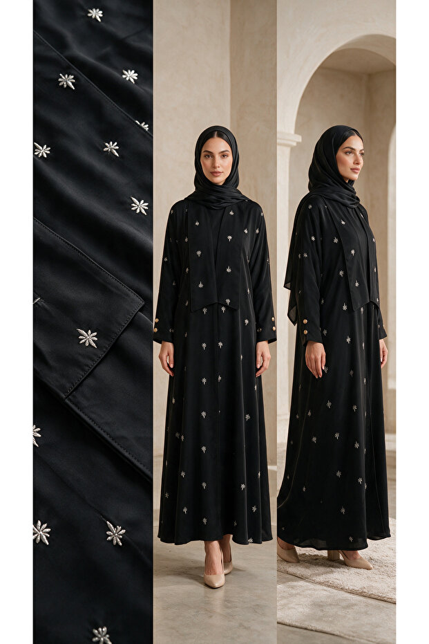 Women's Black Embroidered Modest Longline Abaya Robe