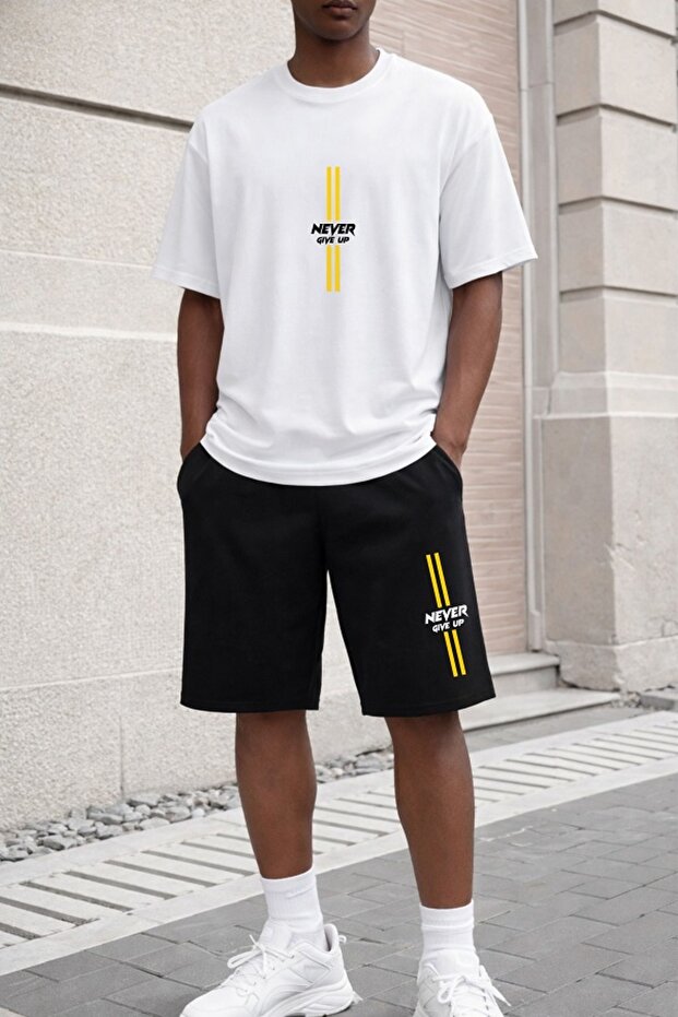 Oversize T-Shirt Black Shorts Set Casual Sports Combination Summer 2-Piece Set Never Give up Printed