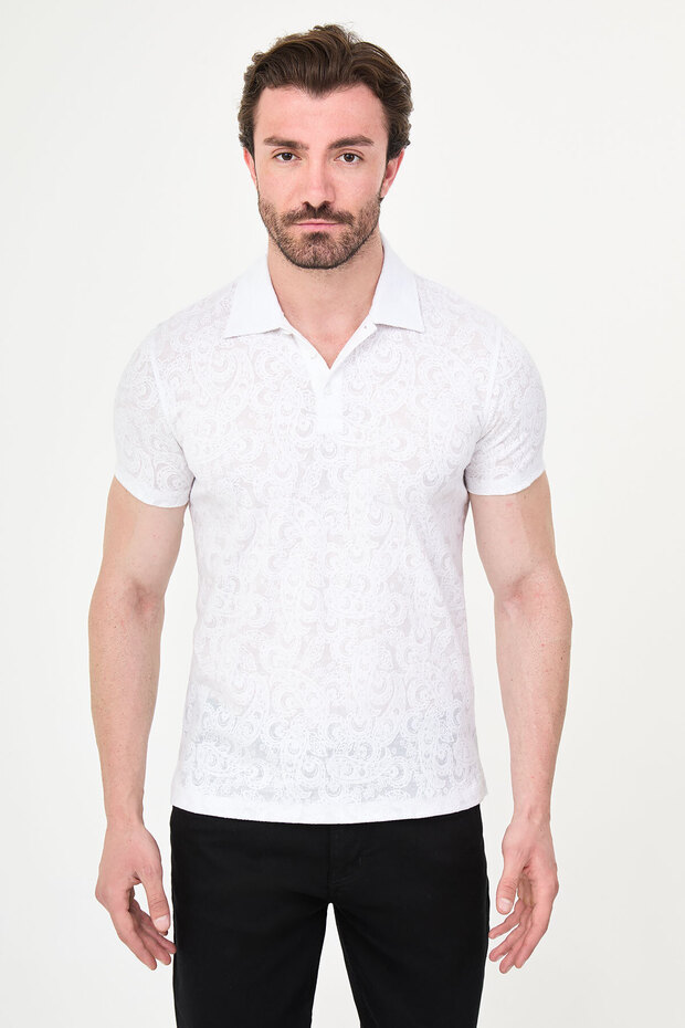 Patterned Slim Fit Polo Collar Short Sleeve Men's T-Shirt White - 36892.26Y