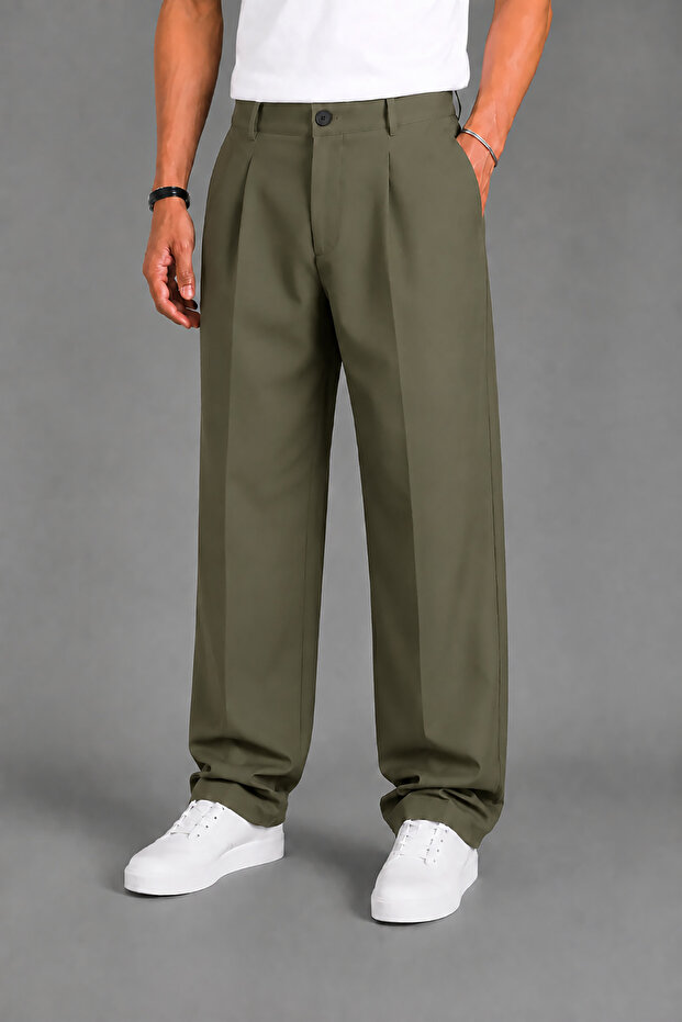 Men's Khaki Modern Cut Pleated Wide Leg Fabric Trousers