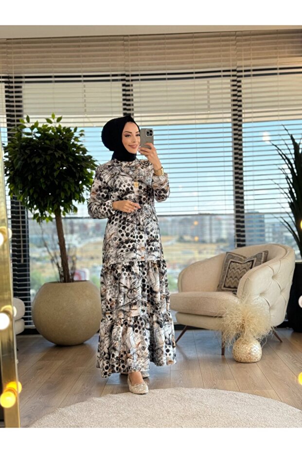 5002 نقاط ونمط خط مختلط فستان أسود