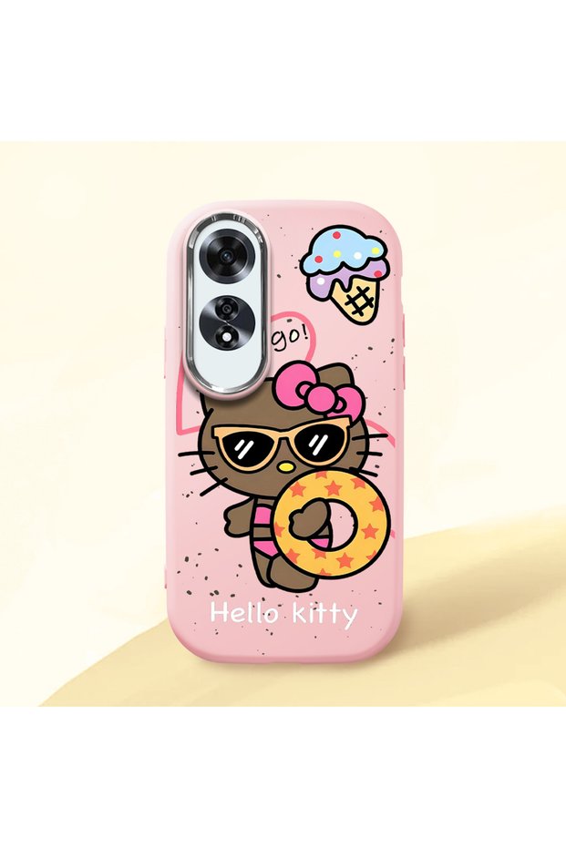 Oppo A60 Compatible Case Camera Protector Pink Silicone Couple Phone Case with Kitty Pattern