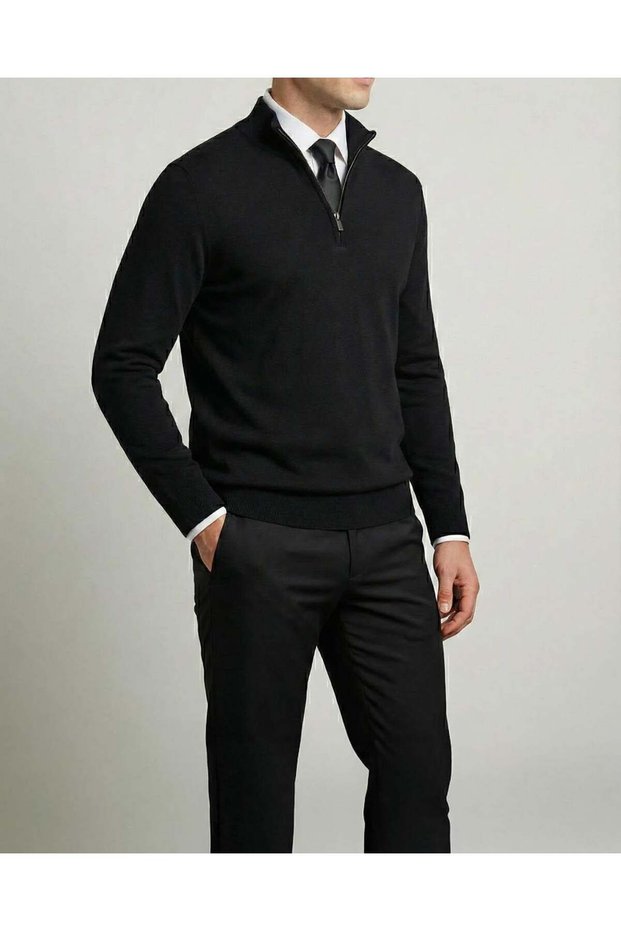 Italian Style Slim Fit Men's Half Turtleneck Zippered Knitwear Sweater Black T13109