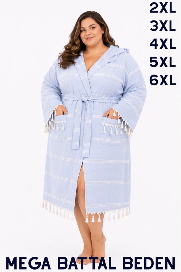 Cotton Light Blue Colored Large Size Hooded Peshtamal Bathrobe, Dressing Gown and Beach Dress (Mega Size)