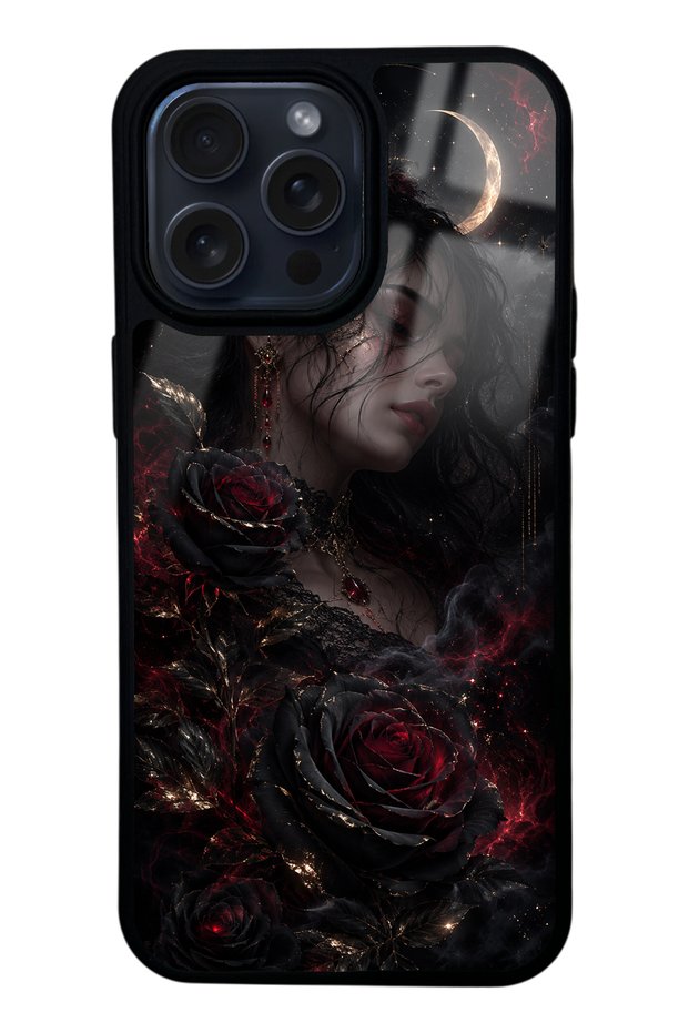 iPhone 15 Pro Max Glossy Phone Case with Crimson Moon Rose Design