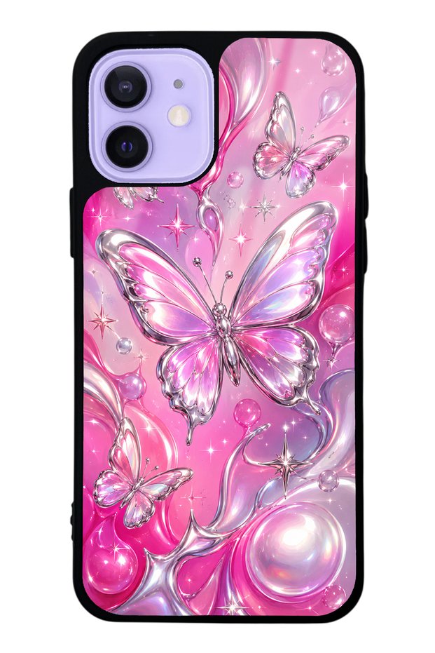 iPhone 12 Pink Prism Butterfly Design Glossy Phone Case