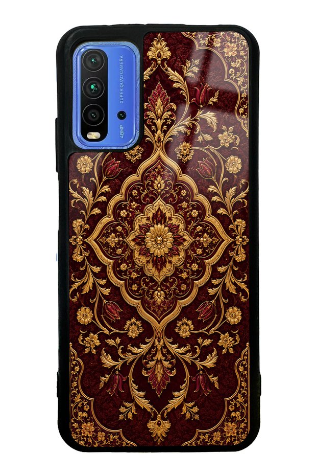 Xiaomi Redmi 9t Glossy Phone Case with Burgundy Ottoman Gold Design