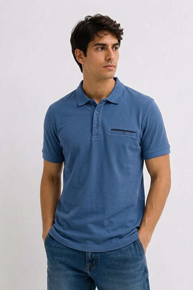 Men's Premium Indigo Polo Collar T-Shirt with Pockets