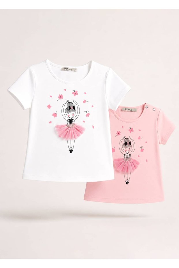 Ballerina Printed White and Pink Girls' T-Shirt Set of 2