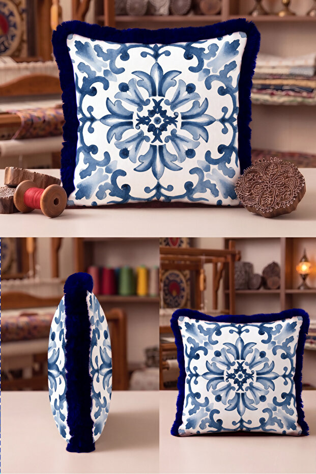 Tile Ottoman Motif Fringed Pillowcase-Medallion Ethnic Boho Blue Navy Blue Tassel Throw Pillow Cover