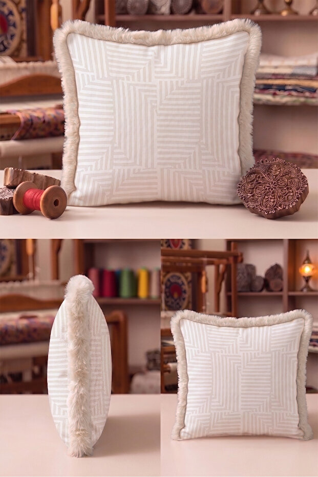 Modern Geometric Pattern Fringed Pillowcase-Abstract Nordic Beige Cream Mink Tassel Throw Pillow Cover