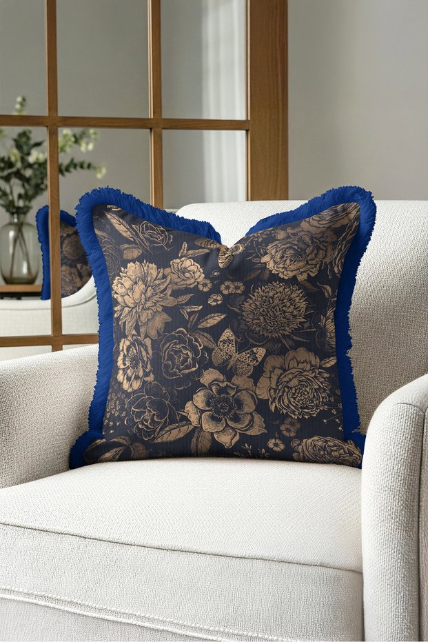 Floral Vintage Floral Fringed Pillowcase - Botanical Navy Blue Beige Navy Blue Tassel Throw Pillow Cover