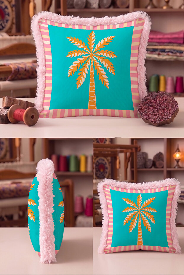 Exotic Tropical Palm Design Fringe Pillowcase - Summer Pink Cream Tassel Throw Pillow Cover