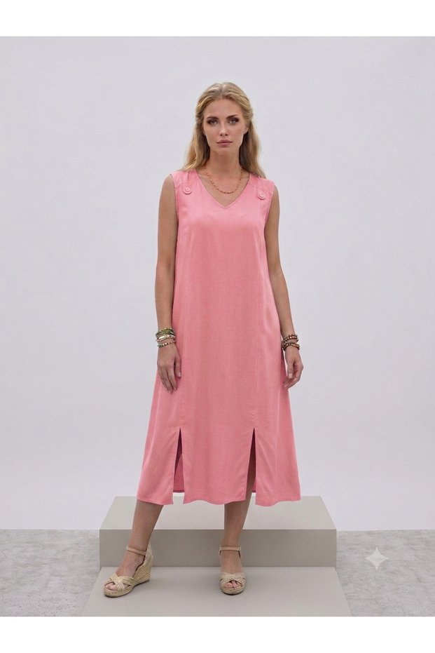 Button Detail Back Lace-Up Women's Linen Dress