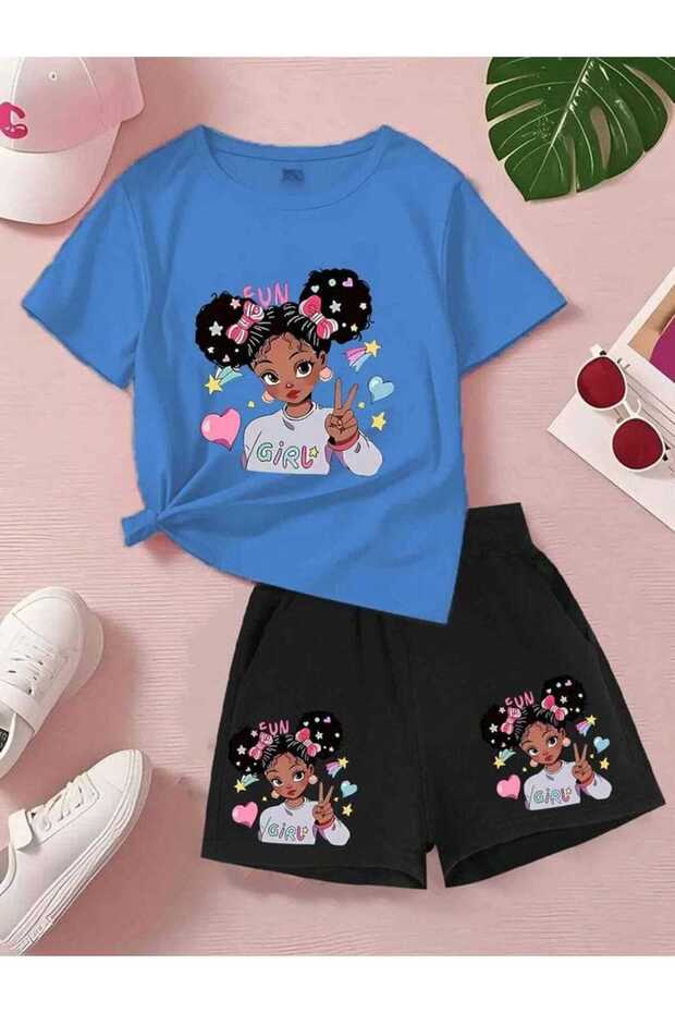 Fun Girl Printed Blue Black Shorts-T-Shirt Set