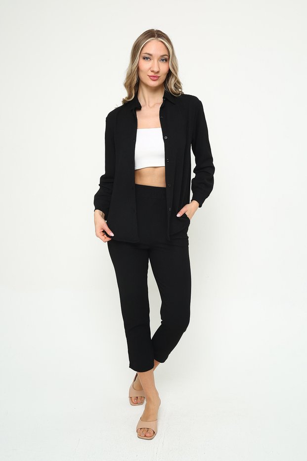 Women's Wrinkle Shirt Trousers Set – Buttoned High Waist Twill Fabric