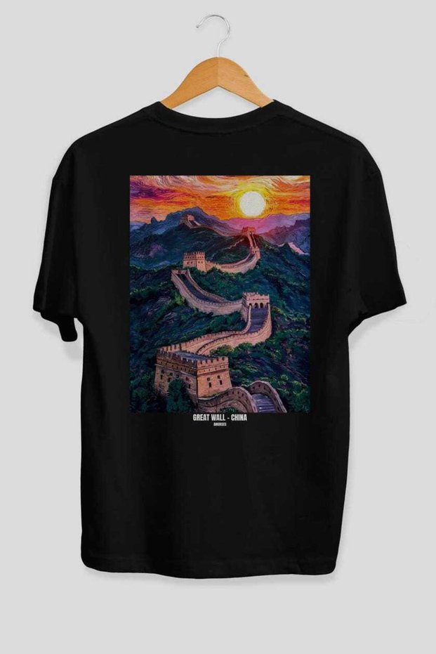 Great Wall of China 2 Black Oversize Country City Back Printed Unisex T-Shirt 100% Cotton Premium