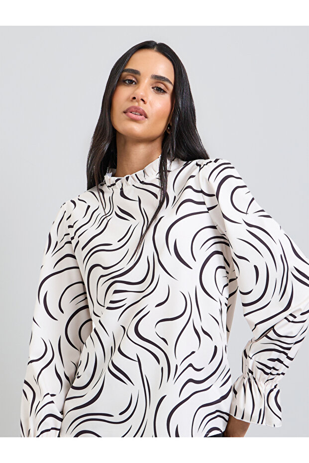 White Printed Ruffled Neck Blouse