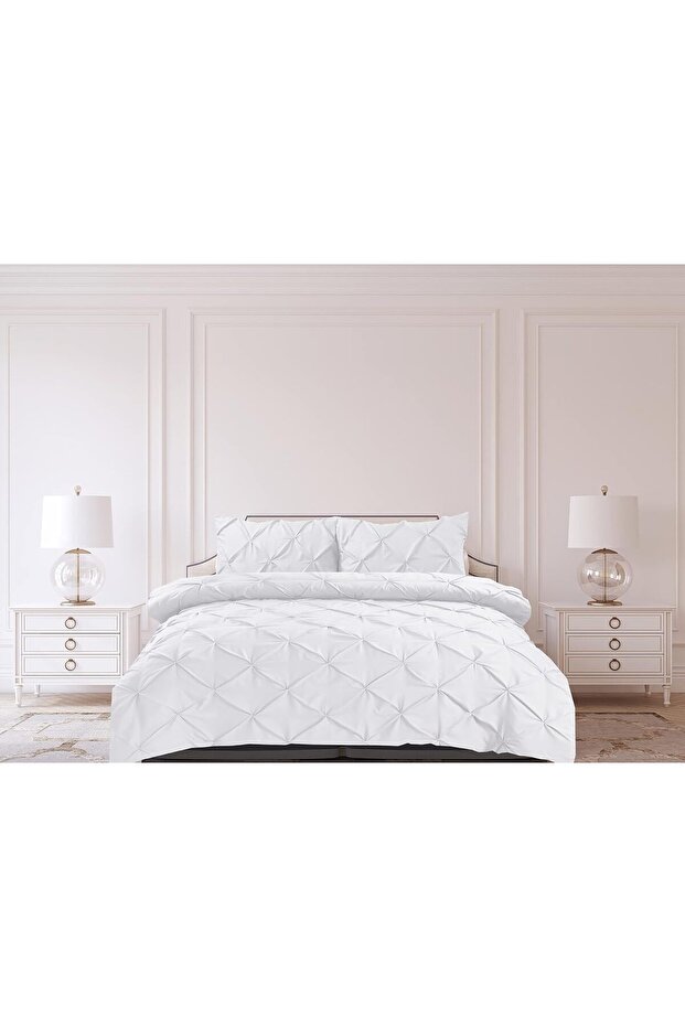 Pintuck White Double Duvet Set Pinch Pleat Soft Microfibre Double Bed Quilt Cover with 2 Pillowcases, Easy Care