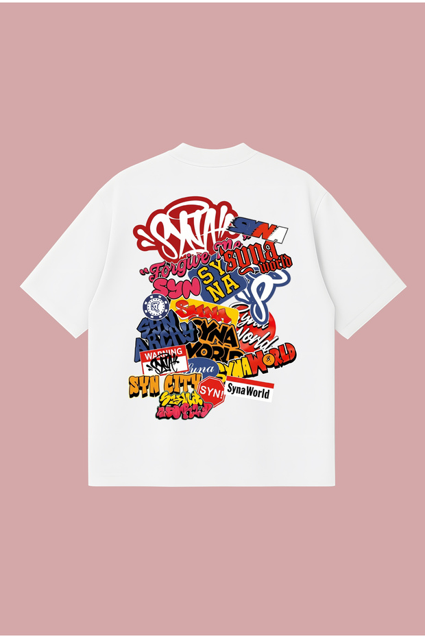Sticker Synaworld Printed Oversize Boxy Cut Unisex 100% Cotton Tshirt | Streetwear