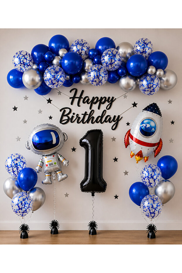 Space Themed 1St Birthday Balloon Set – Astronaut Rocket and 50 Navy Blue Silver Balloon Chain Set