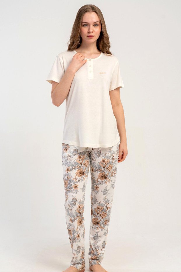 Women's Short Sleeve Half Button Ecru Pajama Set C0T9N1215
