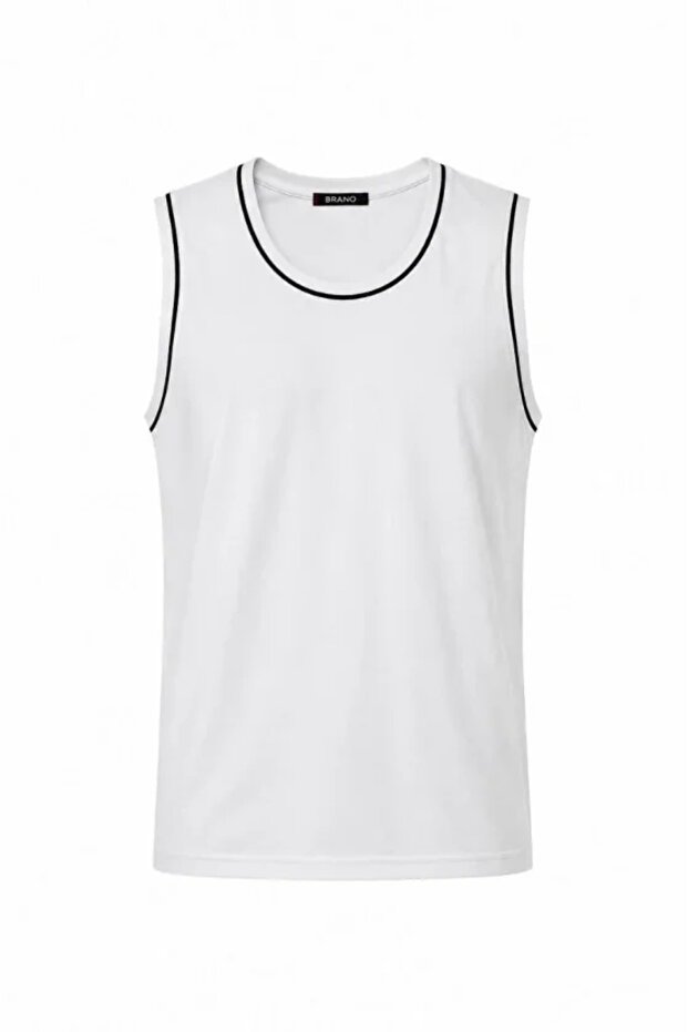 Front Unisex Cotton Crew Neck Sleeveless Undershirt with Contrast Piping Regular Fit - White