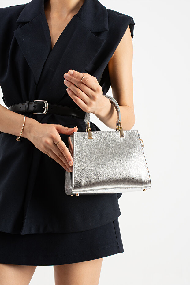 Silver Women's Crossbody Hand and Shoulder Bag with Gold Accessories