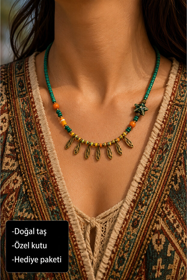 Natural Stone Turquoise and Ceramic Star Detailed Bohemian Ethnic Women's Necklace
